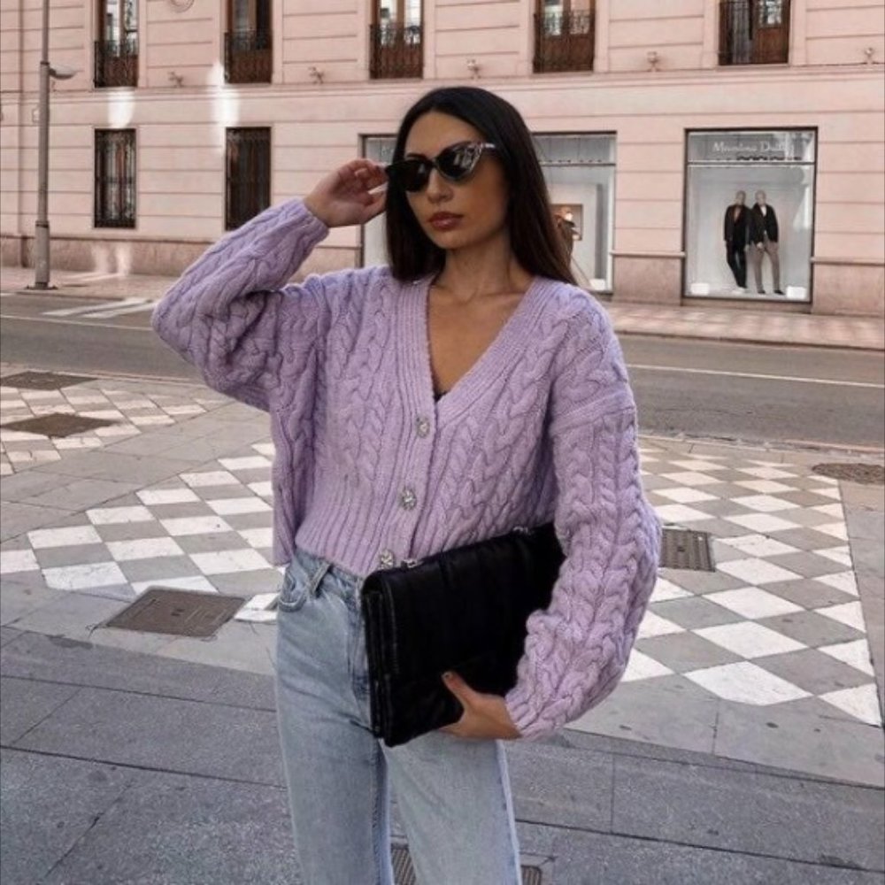Zara Jewel Button Cable Knit Cardigan Lilac/Lavender Purple